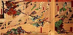 「豊臣勲功記 本能寺ニ森蘭丸討死之図」明治19年（1886年）