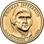 US $1 coin bearing full face engraving of Jefferson