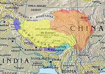 Cultural/historical Tibet (highlighted) depicted with various competing territorial claims.