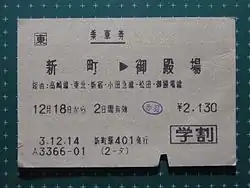 （参考）高崎線新町駅から新宿駅 - 小田急小田原線 - 松田駅を経由して御殿場駅までの通過連絡運輸での乗車券（特急券は含まれていない）の例。