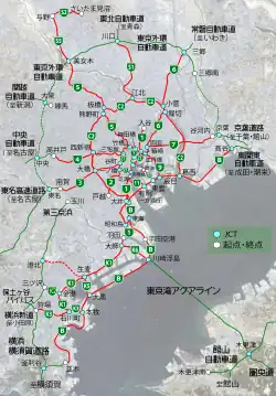 首都高速道路（赤線）及び周辺高速道路・有料道路のルート図。上部のS5が埼玉大宮線。