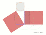 黄金数 φ について、φ(φ − 1) = 1 を、面積で表した図。縦横の長さが 1, φ の黄金長方形（青線）において、斜線部分が等積となる。また、赤色の網目部分は √5φ = 1 + φ2 を表している。