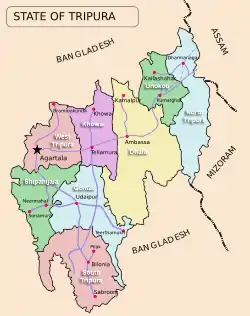 Map of the Tripura state showing eight districts