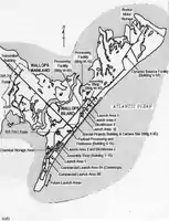 ワロップス島の拡大図。各射点が書かれている。