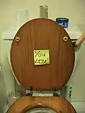 A yellow post-it note reading "You lose" stuck on the underside of a toilet.