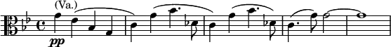  \relative g' { \clef alto \key g \minor \time 4/4 g^\markup { (Va.)}\pp es( bes g | c) g'( bes4. des,8 | c4) g'( bes4. des,8) | c4.( g'8) g2~ | g1 }