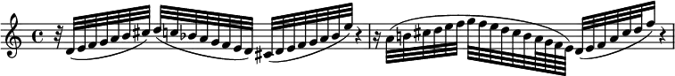  \new Staff {\time 4/4 \key a \minor \set Score.tempoHideNote = ##t \tempo "" 4=72 \relative c'
{r32 d( e f g a b cis) d( c bes a g f e d) cis( d e f g a bes e) r4 \noBreak
r16 a,32( b! cis d e f g f e d cis b a64 g f e) d32( e f a cis d f16) r4 }
}