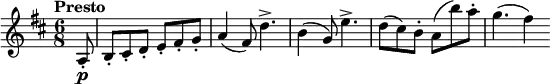 
\version "2.18.2"
\relative c'' {
  \key d \major
  \time 6/8
  \tempo "Presto "
  \tempo 4 = 220
  \partial 8 a,8-. \p 
  b-. cis-. d-.  e-. fis-. g-.
  a4 (fis8) d'4.->
  b4 (g8) e'4.->
  d8 (cis) b-. a (b') a-.
  g4. (fis4)
}
