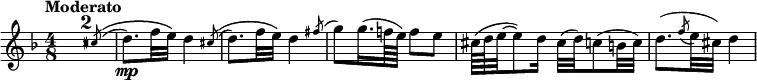 
\relative c'' \new Staff {
 \key d \minor \set Score.tempoHideNote = ##t \tempo "Moderato" 8=108 \time 4/8
  \override Score.NonMusicalPaperColumn #'line-break-permission = ##f
  #(define afterGraceFraction (cons 15 16)) \override Flag.stroke-style = #"grace"
  \compressEmptyMeasures \afterGrace R2*2 cis8^( ^\( d8.\mp) f32 e\)
  \afterGrace d4 cis8^( ^\( d8.) f32 e\) \afterGrace d4 fis8^( g8) g16.( f!64 e) f8 e
  cis64( d e32~ e8) d16 cis32( d) c8( b32 c) d8.( \appoggiatura f8 e32 cis) d4
}
