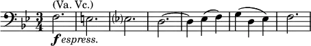  \relative g { \clef bass \key g \minor \time 3/4 f2.^\markup { (Va. Vc.) }_\markup { \dynamic f \italic { espress. } } | e2. | es? | d2.~ | d4 es( f) | g( d es) | f2. }