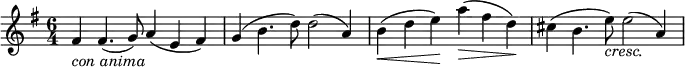 \relative c' {
\time 6/4
\key g \major
fis4_\markup{\italic "con anima"} fis4.( g8) a4( e fis) | g( b4. d8) d2( a4) | b4(\< d e)\! a(\> fis d)\! | cis4( b4. e8)_\markup{\italic "cresc."} e2( a,4) |
}