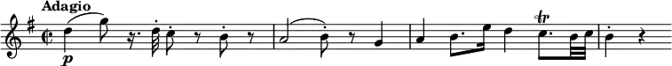 
\version "2.18.2"
\relative c'' {
  \key g \major
  \time 2/2
  \tempo "Adagio "
  \tempo 4 = 52
  d4 \p (g8) r16. d32-. c8-. r b-. r 
  a2 (b8-.) r g4
  a b8. e16 d4 c8. \trill b32 c 
  b4-. r
}
