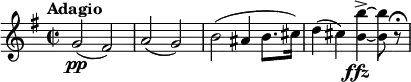 
\relative c'' {
  \tempo "Adagio"
  \key e \minor
  \time 2/2
  g2\pp (fis) | a (g) | b (ais4 b8. cis16) | d4 (cis) <b b'>->~_\markup \center-align{\dynamic ffz} <b b'>8 r\fermata
}
