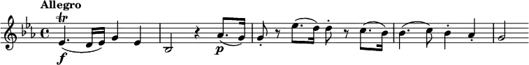 
\relative c' {
  \tempo "Allegro"
  \key es \major
  es4.\f\trill( d16 es) g4 es |
  bes2 r4 as'8.(\p g16) |
  g8-. r es'8.( d16) d8-. r c8.( bes16) |
  bes4.( c8) bes4-. as-. |
  g2
}
