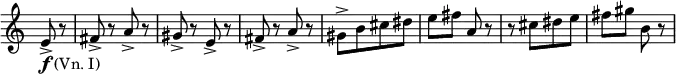 
\relative c' \new Staff \with { \remove "Time_signature_engraver" } {
 \key c \major \time 2/4 \partial 4
 e8-> _\markup { \dynamic f (Vn. I) } r fis-> r a-> r gis-> r e-> r fis-> r a-> r
 gis-> [ b cis dis] e fis a, r r cis[ dis e] fis gis b, r
}
