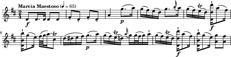 
\relative c'' { 
  \version "2.18.2"
  \key d \major
  \tempo "Marcia Maestoso" 4 = 65
   \time 2/4
   
  d,8 \f d16. d32 d8 d
  fis-. d-. fis-. d-.
  a'4 g'8. \p (a16)
  g (fis) e (d) g8. \grace b32 (a16)
  g16 (fis) e\trill (d) <d,-! d' d'>16\f a''8 (fis16)
 < d,-! b' b'>16 g'8 (e16) fis64 (g a16.) cis,8\trill
 d16 (dis e fis) g8. \p (a16)
 g16 (fis) e\trill (d!) \grace a'32 (g16) g32 (fis g16) a-!
  g16 (fis) e\trill (d) <d,-! d' d'>16\f a''8 (fis16)
 < d,-! b' b'>16 g'8 (e16) <a, g'>8 <a fis'>
}
