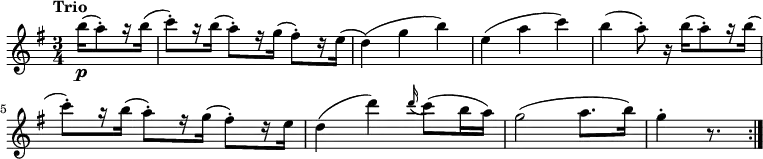 
\version "2.18.2"
\relative c'' {
  \key g \major
  \time 3/4
  \tempo "Trio "
  \tempo 4 = 122
  \partial 16 * 5 b'16 \p [(a8-.) r16 b16]
  (c8-.) [r16 b] (a8-.) [r16 g] (fis8-.) [r16 e]
  (d4) (g b)
  e, (a c)
  b (a8-.) r16 b [(a8-.) r16 b16]
  (c8-.) [r16 b] (a8-.) [r16 g] (fis8-.) [r16 e]
  d4 (d') \grace d16 (c8) (b16 a)
  g2 (a8. b16)
  g4-. r8.  \bar ":|."
  
}
