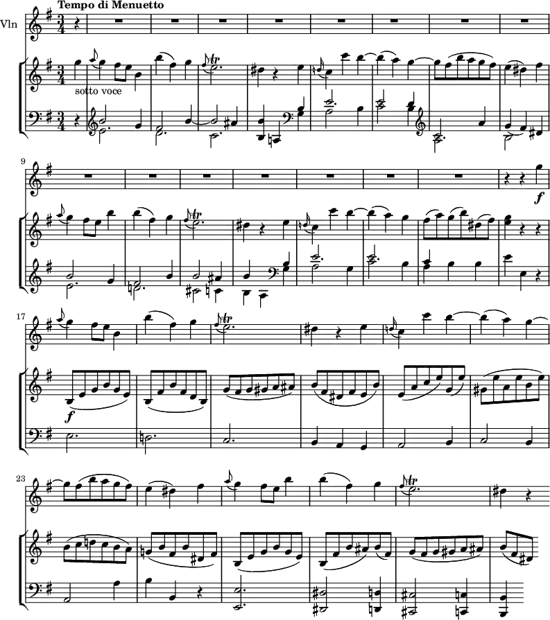 
\new GrandStaff <<
    \new StaffGroup <<
      \new Staff {
        \version "2.18.2"
         \tempo  "Tempo di Menuetto"
        \clef treble
        \key g \major
       \time 3/4
       \tempo 4 = 120

     \relative c'' {
                \partial4 g'4_ \markup {sotto voce}
                  \grace a8 (g4) fis8 e b4
                  b' (fis) g
                  \grace fis8 (e2.) \trill
                  dis4 r4 e
                   \grace d!16 (c4) c' b~
                   b (a) g~
                   g8 fis (b a g fis)
                   e4 (dis) fis
                   \grace a8 (g4) fis8 e b'4
                   b (fis) g
                   \grace fis8 (e2.) \trill
                  dis4 r4 e
                  \grace d!16 (c4) c' b~
                   b (a) g
                   fis8 (a) g (b) dis, (fis)
                   < g e>4 r4 r
                   b,,8\f (e g b g e)
                   b (fis' b fis d b)
                   g' (fis g gis a ais)
                   b (fis dis fis e b')
                   e, (a c e) g, (e')
                   gis, (e' a, e' b e)
                   b (c d! c b a)
                   g! (b fis b dis, fis)
                   b, (e g b g e)
                   b (fis' b ais) b (fis)
                   g (fis g gis a ais)
                   b [(fis dis)]
            }
      }
      \new Staff {
                 \clef bass
                  \key g \major
                  \time 3/4

      \relative c'' {
            \partial4 r4
            \clef treble <<{\stemDown e,2. d2. c2. \stemUp b4} \\ {\stemUp b'2 g4 fis2 b4 ~ b2 ais4 b4 }>> a,!4
            \clef bass  <<{\stemDown g a2 b4 c2 b4 } \\ {\stemUp b e2. e2 d4}>>
            \clef treble <<{\stemDown a2. b2 s4 e2. d!2. cis2 c4 b a} \\ {\stemUp c2 a'4 g (fis) dis b'2 g4 fis2 b4 b2 ais4 b s }>>
            \clef bass  <<{\stemDown g, a2 g4 c2 b4 a} \\ {\stemUp b4 e2. e2. c4} >> b b e e, r
            e2. d! c b4 a g a2 b4
            c2 b4
            a2 a'4
            b b, r4
            <e, e'>2.
            < dis dis'>2 <d! d'!>4
            <cis cis'> 2 <c c'>4
            <b b'>
             }
      }
>>
    \new Staff { \set Staff.instrumentName = "Vln"
           \relative c'' {
              \key g \major
              \time 3/4

 
            \partial4 r4 s4  \repeat unfold 11 {R1}
            r4 r g' \f
            \grace a8 (g4) fis8 e b4
                  b' (fis) g
                  \grace fis8 (e2.) \trill
                  dis4 r4 e
                   \grace d!16 (c4) c' b~
                   b (a) g~
                   g8 fis (b a g fis)
                   e4 (dis) fis
                   \grace a8 (g4) fis8 e b'4
                   b (fis) g
                   \grace fis8 (e2.) \trill
                   dis4 r
                 }
           }
>>
