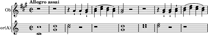 
 \version "2.18.2"
<<
  \new Staff = "Oboe" \with {
    instrumentName = "Ob"
  }
  \relative c'' {
    % not strictly necessary, but a good reminder
    \transposition c'
    \key a \major
    \time 2/2
    \tempo "Allegro assai"
    \tempo 4 = 320
    r1
    r1
    r4 a-! a-! <gis b>-!
    <a cis> (<cis e> <b d> <a cis>)
    <gis b>2 r
    r1
    r4 <gis b>-! <gis b>-! <a cis>-!
    <b d> (<d fis> <cis e> <b d>)
  }
  \new Staff = "Horn" \with {
    instrumentName = \markup { Cor(A) }
  }
  \relative c'' {
    \transposition a
    \key c \major
    \time 2/2
    <c, c'>1
    <g' d'>
    <c e>2 r
    r1
    <g d'>
    <c e>
    <d f>2 r
    r1
  }
>>
