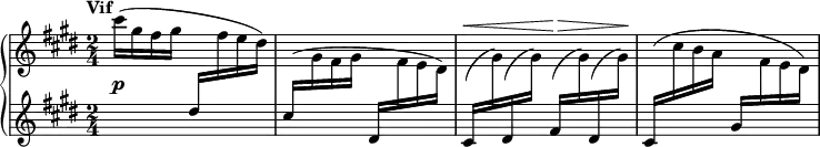  { \new PianoStaff << 
\new Staff = "right" {\time 2/4 \key cis \minor \set Score.tempoHideNote = ##t \tempo "Vif" 4=144 \relative c'''
{cis16( gis fis gis \change Staff = "left" dis \change Staff = "right" fis e dis) 
\change Staff = "left" \stemUp cis16( \change Staff = "right" \stemDown gis fis gis \stemNeutral
\change Staff = "left" dis \change Staff = "right" fis e dis) 
\dynamicUp \override DynamicLineSpanner.padding = #3.0
\change Staff = "left" cis(\< \change Staff = "right" gis') \change Staff = "left" dis( \change Staff = "right" gis) 
\change Staff = "left" fis(\> \change Staff = "right" gis) \change Staff = "left" dis( \change Staff = "right" gis)\! 
\shape #'((0 . 4) (0 . -1) (0 . -3) (0 . 0.5)) Slur
\change Staff = "left" cis,( \change Staff = "right" cis' b a 
\change Staff = "left" \stemUp gis \change Staff = "right" \stemDown fis e dis)}
}
\new Dynamics {s2\p s2 }
\new Staff = "left" {\time 2/4 \key cis \minor s2 s2 s2 s2}
>> }