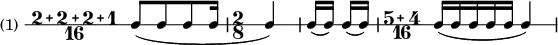 
 { \new RhythmicStaff \with {instrumentName ="(1) "} \compoundMeter #'(2 2 2 1 16) [ c8-( c c c16 ] | \time 2/8 c4-) | [ c16-( c-) ] [ c-( c-) ] | \compoundMeter #'(5 4 16) [c16-( c c c c ] c4-) }
