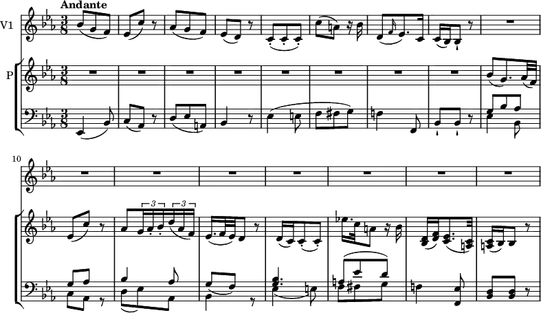 
\new GrandStaff <<
    \new StaffGroup <<
      \new Staff {
        \version "2.18.2"
         \tempo  "Andante"
        \clef treble
        \key ees \major
       \time 3/8
       \tempo 4 = 30

     \relative c'' {\set Staff.instrumentName = "P"
                \repeat  unfold 12 {R} 
                bes8 (g8.) aes32 (f)
                ees8 (c') r
                aes \tuplet 3/2 {g16 aes-. bes-.}  \tuplet 3/2 {d16 (aes f)}
                ees16. (f32 es) d8 r
                d16 (c) c8-. (c-.)
                ees'!16. c32 a8 r16 bes
                <bes, d> (<d f>) <c ees>8. (<a c>32)
                <a c>16 (bes) bes8 r
            }
      }
      \new Staff {
                 \clef bass
                  \key ees \major
                  \time 3/8

      \relative c {
            ees,4 (bes'8)
            c (aes) r
            d (ees a,)
            bes4 r8
            ees4 (e8 f fis g)
            f!4 f,8
            bes-! bes-! r
            <<{\stemDown ees4 bes8 c aes s d _ (ees) aes, bes4 s8 ees4 _(e8) f fis g} \\ {\stemUp g8 bes aes  g aes r bes4 aes8 g8 (f) r <g bes>4. a8 ^(ees' d)}>>
            f,!4 <f, ees'>8
            <bes d> <bes d> r
             }
      }
>>
    \new Staff { \set Staff.instrumentName = "V1"
           \relative c'' {
              \key ees \major
              \time 3/8
             bes8  (g f)
             ees (c') r
             aes (g f)
             ees (d) r
             c-. (c-. c-.)
             c' (a) r16 bes
             d,8 ( \grace f16 (ees8.)) c16
             c (bes) bes8-! r
             \repeat unfold 24 {R}
                 }
           }
  >>
