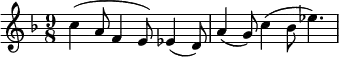  \relative g' { \key d \minor \time 9/8 c( a8 f4 e8) es4( d8) | a'4( g8) c4( bes8 es4.) }