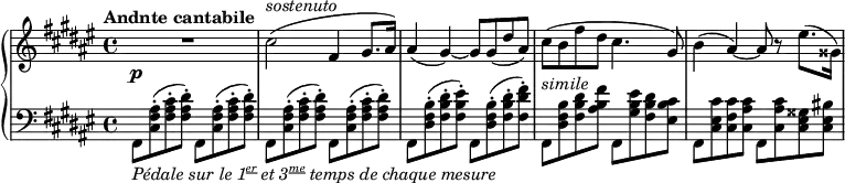 
\relative c'' {
  \new PianoStaff <<
   \new Staff { \key fis \major \time 4/4 \set Score.tempoHideNote = ##t \tempo "Andnte cantabile" 4=66
    R1 cis2^\markup \italic sostenuto ( fis,4 gis8. ais16) ais4( gis)~ gis8 gis( dis' ais)
    cis8( b fis' dis cis4. gis8) b4( ais)~ ais8 r eis'8.( gisis,16)
   }
   \new Dynamics {
    s8-\p
   }
   \new Staff { \key fis \major \time 4/4 \clef bass
    fis,,8_\markup { \italic { Pédale sur le \concat {1 \super \underline er } et \concat { 3 \super \underline me } temps de chaque mesure } }
    <ais' fis cis>-.( <cis ais fis>-. <dis ais fis>-.)
    fis,, <ais' fis cis>-.( <cis ais fis>-. <dis ais fis>-.)
    fis,, <ais' fis cis>-.( <cis ais fis>-. <dis ais fis>-.)
    fis,, <ais' fis cis>-.( <cis ais fis>-. <dis ais fis>-.)
    fis,, <b' fis dis>-.( <dis b fis>-. <eis b fis>-.)
    fis,, <b' fis dis>-.( <dis b fis>-. <fis dis fis,>-.)
    fis,,^\markup \italic simile <b' fis dis> <dis b fis> <fis b, ais>
    fis,, <eis'' b gis> <dis b fis> <cis b eis,>
    fis,, <cis'' eis, cis> <cis fis, cis> <cis ais cis,>
    fis,, <cis'' ais cis,> <gisis eis cis> <bis eis, cis>
   }
  >>
 }
