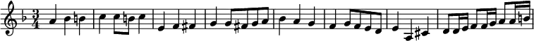  \new Staff {\time 3/4 \key d \minor \set Score.tempoHideNote = ##t \tempo "" 4=100 \relative c''
{a4 bes b c c8 b c4 e, f fis g g8 fis g a bes4 a g f g8 f e d e4 a, cis d8 d16 e f8 f16 g a8 a16 b}
}