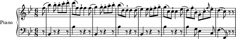 
\version "2.18.2"
\header {
  tagline = ##f
}
upper = \relative c'' {
  \clef treble
  \key bes \major
  \time 6/8
  \tempo 4 = 150
  \tempo "Allegro"
  \set Staff.midiInstrument = #"piano"

    \partial8 f8
    (bes4) bes8-. bes-. c-. d-.
    d (f,) f-! f4 f8
    (g4) g8-. g-. a-. bes-.
    bes (d,) d-! d4 d8
    (ees4) ees8 ees-. f-. g-.
    g (c,) c-! c4 ees8
    (d) f-. bes,-. g-. c-. \grace f16 (ees8-.)
    d4. (c8) r8 r
}

lower = \relative c {
  \clef bass
  \key bes \major
  \time 6/8
  \set Staff.midiInstrument = #"piano"

   \partial8 r8 
   bes4 r8 r4 r8
   bes'4  r8 r4 r8
   bes,4 r8 r4 r8
   bes'4  r8 r4 r8
   bes,4 r8 r4 r8
   bes'4  r8 r4 r8
   bes4 g8 ees4 c8
   f4. (f,8) r r
 }

\score {
  \new PianoStaff <<
    \set PianoStaff.instrumentName = #"Piano"
    \new Staff = "upper" \upper
    \new Staff = "lower" \lower
  >>
  \layout {
    \context {
      \Score
      \remove "Metronome_mark_engraver"
    }
  }
  \midi { }
}
