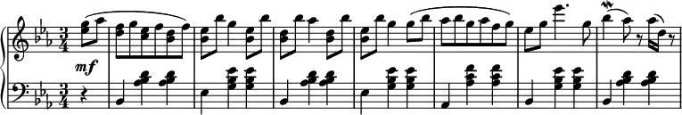 
 \relative c' {
  \new PianoStaff <<
   \new Staff { \key c \minor \time 3/4  \set Score.tempoHideNote = ##t
     \tempo "" 2. = 64
    \tempo \markup {
     \column {
 }
   }
      \partial 4 <ees' g>8( aes <d, f> g <c, ees> f <bes, d> f') <bes, ees> bes' g4 <bes, ees>8 bes' <bes, d> bes' aes4 <bes, d>8 bes' <bes, ees> bes' g4 g8( bes aes bes g aes f g) ees g ees'4. g,8 bes4\mordent( aes8) r aes16( d,) r8
   }
   \new Dynamics {
    s\mf
      }
   \new Staff { \key c \minor \time 3/4 \clef bass
      r4 bes,, <aes' bes d> <aes bes d> ees <g bes ees> <g bes ees> bes, <aes' bes d> <aes bes d> ees <g bes ees> <g bes ees> aes, <aes' c f> <aes c f> bes, <g' bes ees> <g bes ees> bes, <aes' bes d> <aes bes d>
   }
  >>
 }
