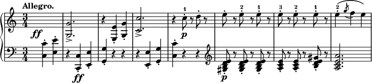 
 \relative b' {
  \new PianoStaff <<
   \new Staff { \key a \minor \time 3/4
    \set Score.tempoHideNote = ##t
    \tempo "Allegro." 2. = 64
    s2\ff s4 <g g,>2.-> r4 <e e,>-. <g g,>-. <c c,>2.-> r4 c8-.-1\p r d-. r e-. r e-.-2 r e-.-1 r e-.-3 r e-.-2 r e-.-1 r e4-.-2\( \slashedGrace g8( f4) e\)
   }
   \new Staff { \key a \minor \time 3/4 \clef bass
    s <c, c,>4-. <e e,>-. r <c, c,>4-.\ff <e e,>-. <g g,>-. r r r <e e,>-. <g g,>-. <c c,>-. r r \clef treble <gis b d e>8-.\p r <gis b d e>8-. r <gis b d e>8-. r <a c e>-. r <a c e>-. r <b d e gis>-. r <a c e a>2.
 }
  >>
 }
