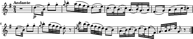 
\version "2.18.2"
\relative c'' {
  \key g \major
  \time 2/4
  \tempo "Andante "
  \tempo 4 = 48
  r2
  d8.. \p (b32) g'8-. g-.
  \grace g16 (b8-.) a32 (g fis e) d8.. (e32)
  c16. (d32) b16. (c32) a16. (b32) g16. (a32)
  fis8. (g16) a (b c cis)
  d8.. (b32) g'8-. g-.
  \grace g16 (b8-.) a32 (g fis e) d8-. r
  \grace d16 (c'16-.) [b32 (a)] g [(fis e d)] c8 (b)
  a16. (b32) c16. (b32) d16. (c32) e16. (fis,32)
  g16. a32 b16. d32 g,8 r \bar ":|."
}
