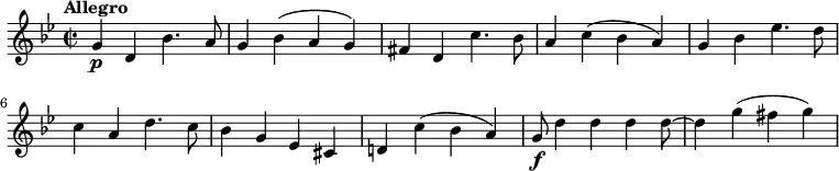 
\relative c'' {
     \version "2.18.2"
     \key bes \major
     \tempo "Allegro"
     \time 2/2
     \tempo 4 = 140
    g4 \p d bes'4. a8
    g4 bes (a g)
    fis d c'4. bes8
    a4 c (bes a)
    g bes ees4. d8
    c4 a d4. c8
    bes4 g ees cis
    d! c' (bes a)
    g8\f d'4 d d d8~ d4 g (fis g)
  }
