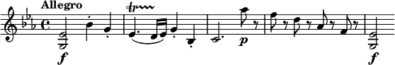 
\relative c' {
  \key es \major
  \tempo "Allegro"
 <g es'>2\f bes'4-. g-. es4.\startTrillSpan( d16\stopTrillSpan es) g4-. bes,-. c2. as''8\p r f r d r as r f r <g, es'>2\f
}
