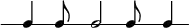 
\new RhythmicStaff {
  \new Voice {
    \cadenzaOn
    \override Score.NonMusicalPaperColumn.padding = #3
    \override Staff.TimeSignature.stencil = ##f
    c4 c8 c2 c8 c4
  }
}
